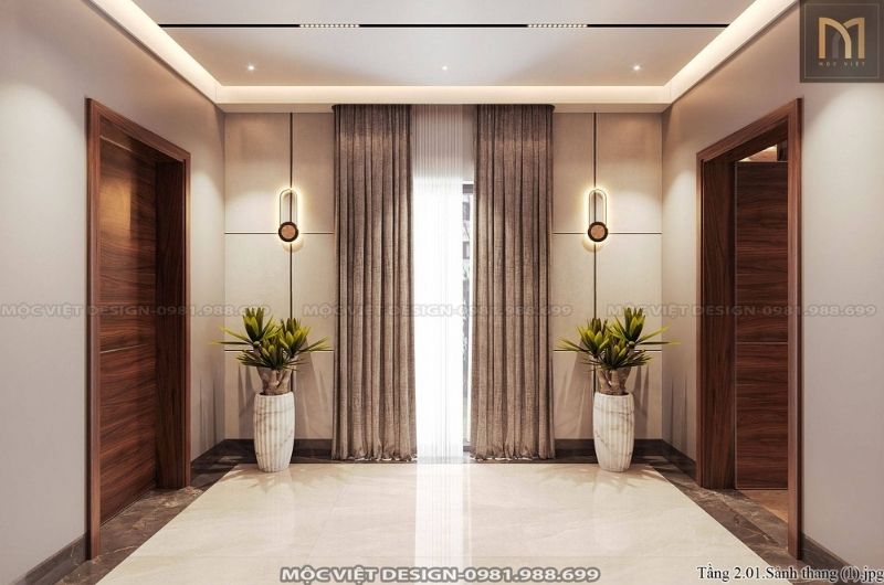 Ốp trần và cửa gỗ óc chó đồng bộ