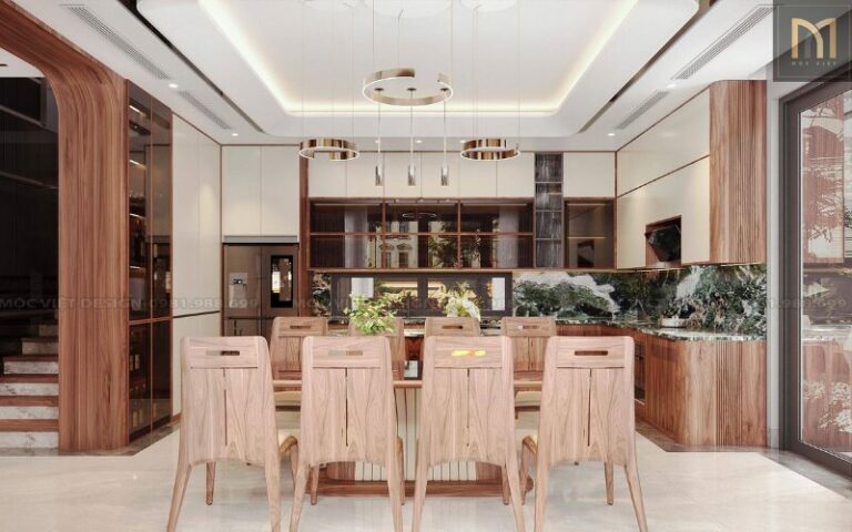 phòng khách biệt thự thông tầng gỗ óc chó