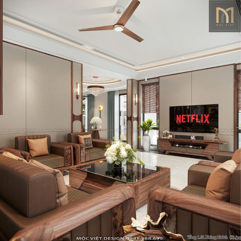phòng khách duplex thông tầng gỗ óc chó
