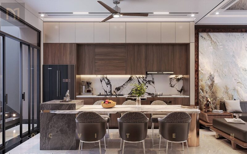 phòng khách duplex thông tầng gỗ óc chó