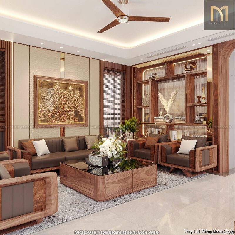 phòng khách penthouse gỗ óc chó