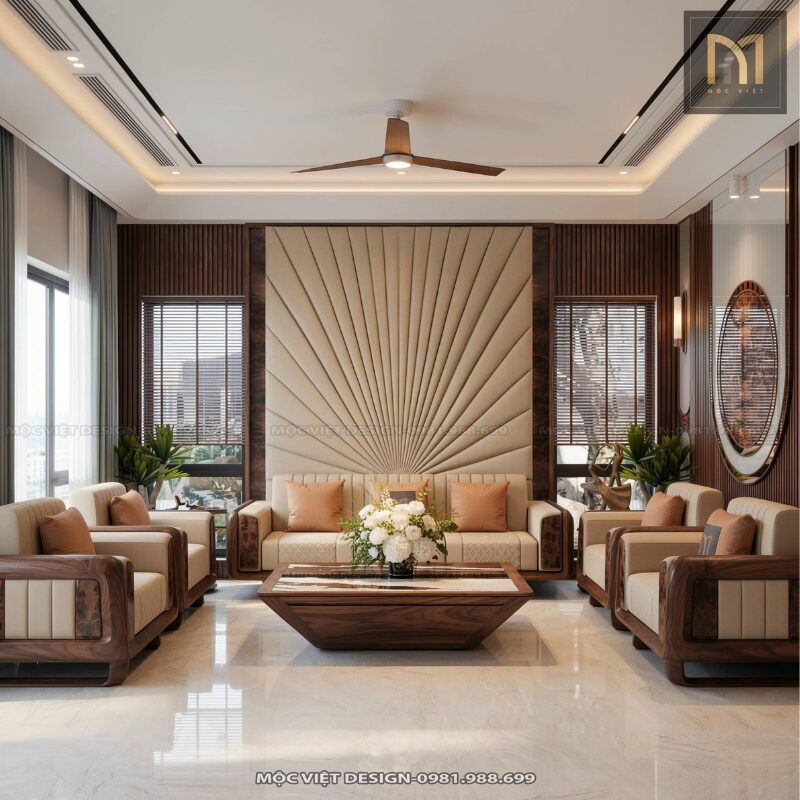 phòng khách penthouse gỗ óc chó