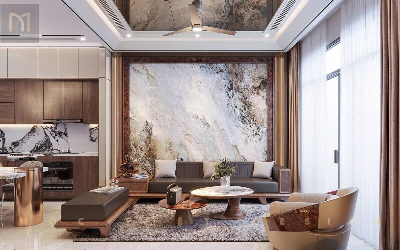 phòng khách penthouse gỗ óc chó