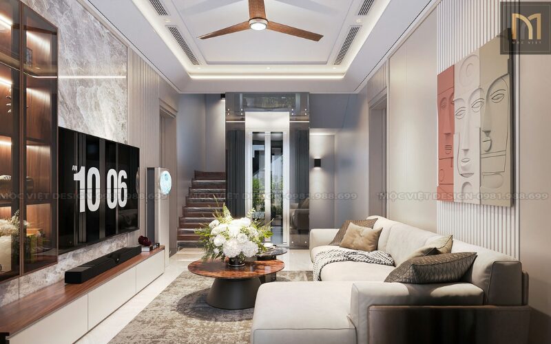 Thi công nội thất duplex gỗ óc chó sang trọng, đồng bộ hai tầng 1 thi công nội thất duplex gỗ óc chó
