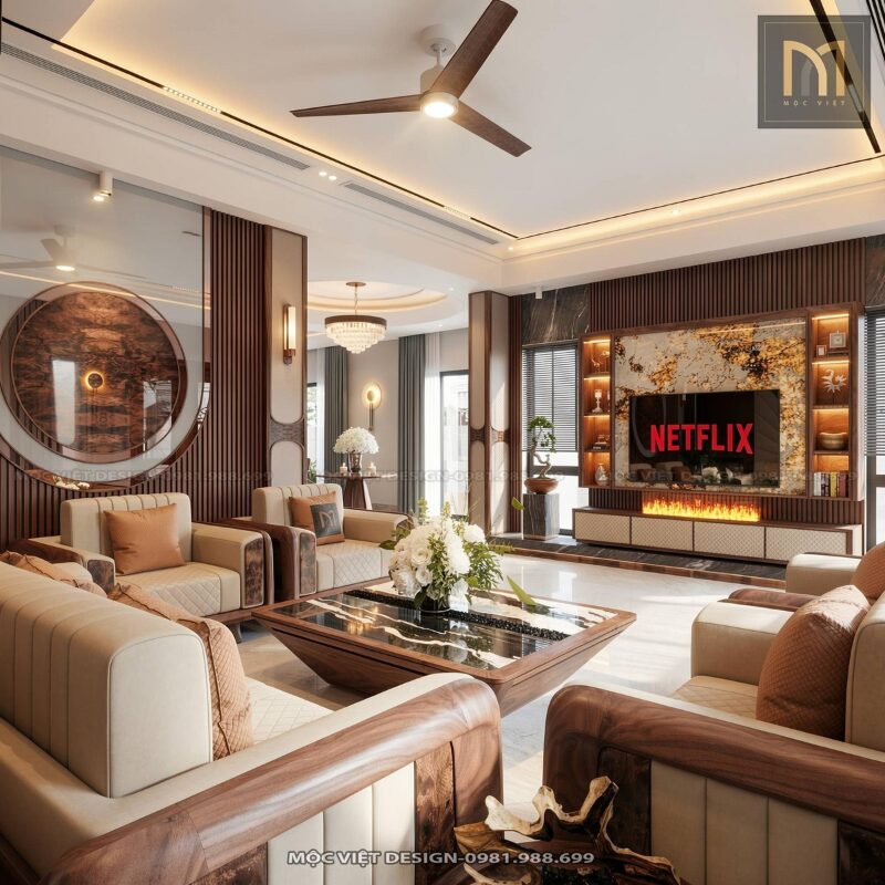 thi công nội thất penthouse gỗ óc chó